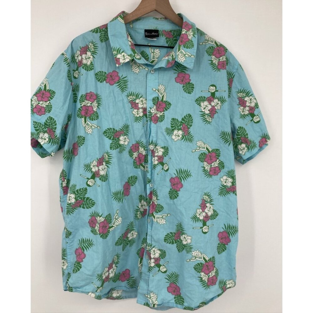 Rick and Morty Hawaiian Button Up Cotton Shirt Size 2x Blue Green Floral Unisex